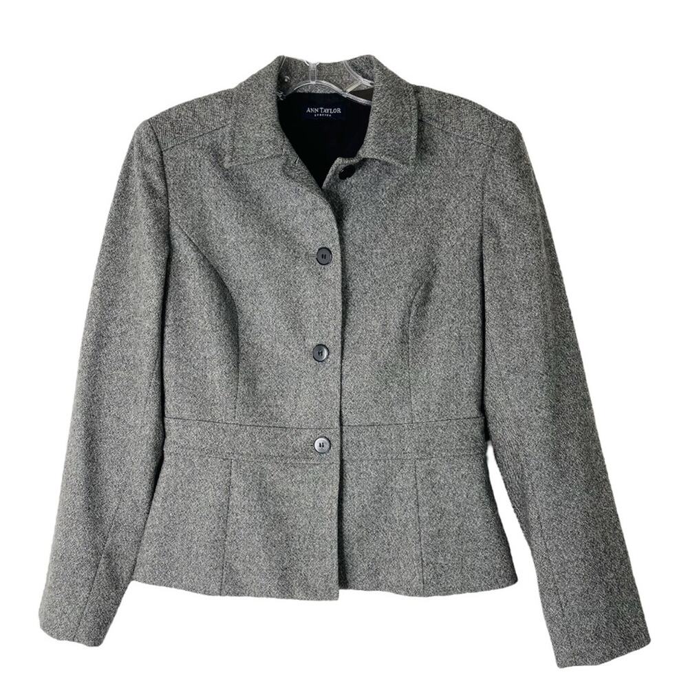 Vintage Ann Taylor grey black wool tweed button cropped preppy blazer small